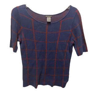 Ann Taylor Sweater Top Womens M Short Sleeve Navy Blue Red Grid Boat Neck